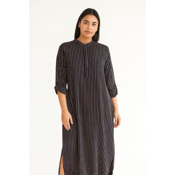 Unqilo Womens Striped Long Sleeve Midi Shirt Dress Navy/Beige M - Picture 1 of 9